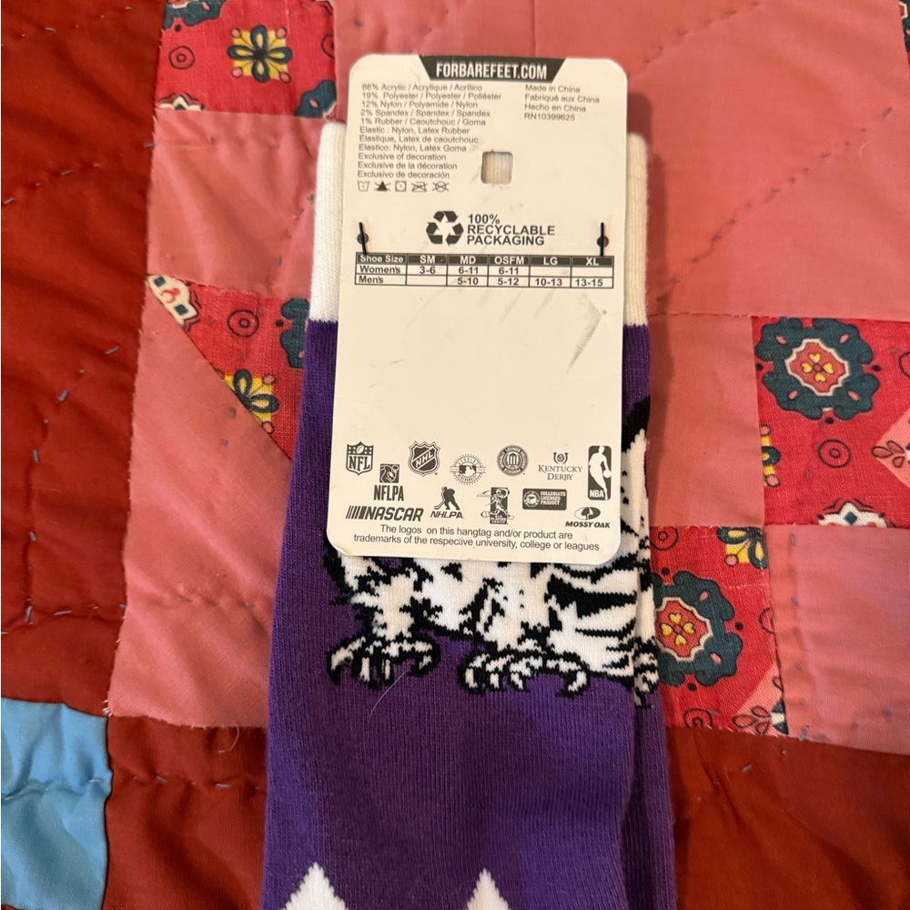 TCU Bare Feet Purple and White Horned Frog Crew Socks